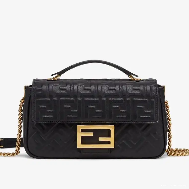 Cheap HOT Midi Black Leather Nappa Motif Chain Fendi In Baguette FF Bag 0525